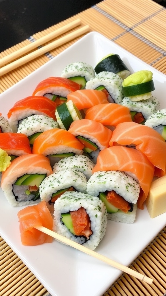 A vibrant platter of assorted sushi rolls with salmon, avocado, and cucumber, garnished with ginger and wasabi.